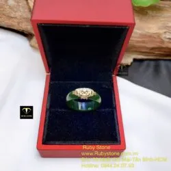 Nhẫn tròn Ngọc bích hoa văn tấm trắng, vàng 10k - Ảnh 2