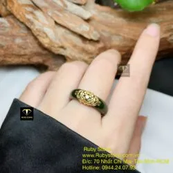 Nhẫn tròn Ngọc bích hoa văn tấm trắng, vàng 10k - Ảnh 3