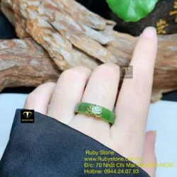 Nhẫn vuông Ngọc bích xanh lá, hoa sen vàng 18k - Ảnh 3
