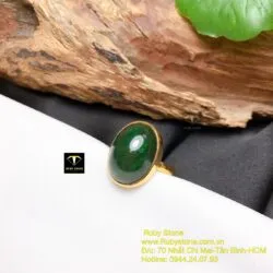 Nhẫn ngọc bích ổ hột Oval xanh đậm, vàng 18k - Ảnh 5