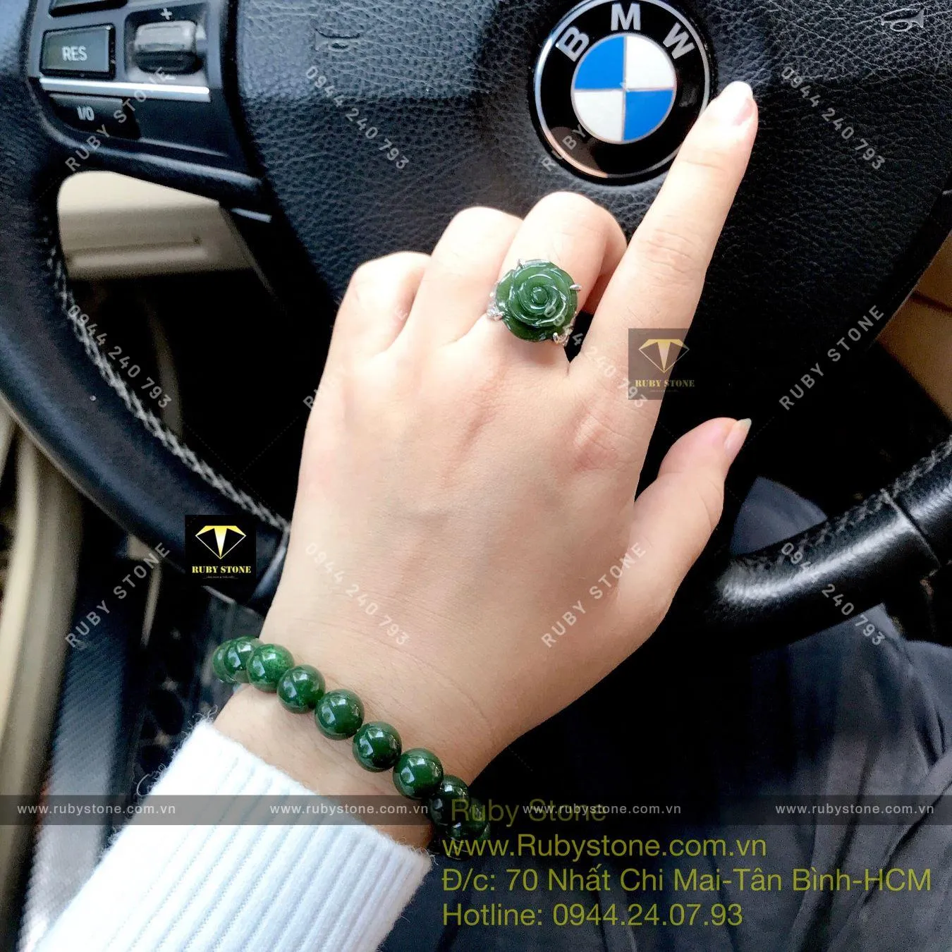 Nhẫn hoa mẫu đơn Ngọc bích, bạc 925 Nhẫn hoa mẫu đơn Ngọc bích, bạc 925
