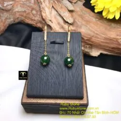 Khuyên tai trái châu Ngọc bích dáng dài, vàng 18k - Ảnh 2