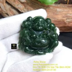 Phật Di Lặc ngọc bích xanh đậm, kích thước 44mm - Ảnh 5
