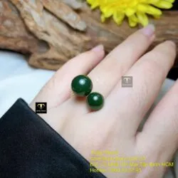 Nhẫn trái châu đôi Ngọc bích xanh đậm, vàng 18k - Ảnh 2