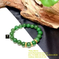 Vòng chuỗi Ngọc bích xanh lý 10 ly, mix charm vàng bánh xe 18k - Hình ảnh 4