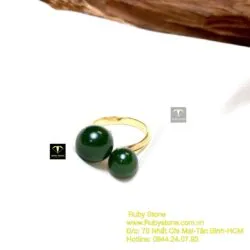 Nhẫn trái châu đôi Ngọc bích xanh đậm, vàng 18k - Ảnh 3