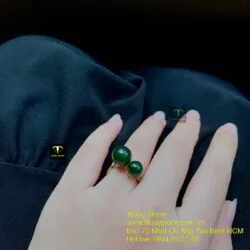 Nhẫn trái châu đôi Ngọc bích xanh đậm, vàng 18k