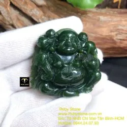 Phật Di Lặc ngọc bích xanh đậm, kích thước 44mm - Ảnh 3