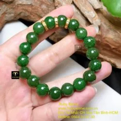 Vòng chuỗi Ngọc bích xanh lý 10 ly, mix charm vàng bánh xe 18k - Hình ảnh 2