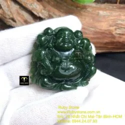 Phật Di Lặc ngọc bích xanh đậm, kích thước 44mm
