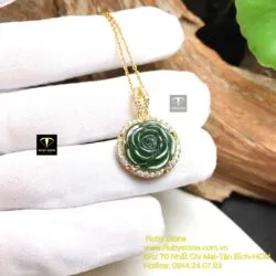 Mặt dây chuyền hoa mẫu đơn Ngọc bích, vàng 18k - Ảnh 2
