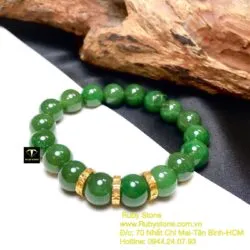 Vòng chuỗi Ngọc bích xanh lý 10 ly, mix charm vàng bánh xe 18k