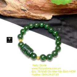 Vòng ngọc bích mix Lu thống chạm khắc, bi vàng 24k - Hình ảnh 4