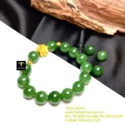 Vòng chuỗi Ngọc bích 10 ly, mix charm vàng liên hoa 24k - Hình ảnh 5