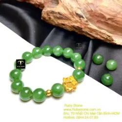Vòng chuỗi Ngọc bích 10 ly, mix charm vàng liên hoa 24k