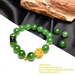 Vòng chuỗi Ngọc bích 10 ly, mix charm vàng liên hoa 24k - Hình ảnh 4