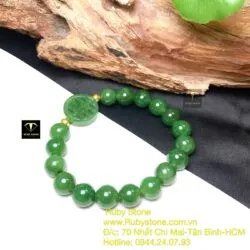 Vòng Ngọc bích xanh lá mix chữ "Thọ", bi vàng 18k - Hình ảnh 5