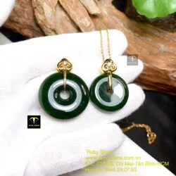 Đồng điếu ngọc bích xanh đậm VIP, KT 22mm, vàng 18k - Hình ảnh 2