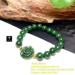 Vòng tay ngọc bích mix hoa mẫu đơn, bi vàng 24k - Hình ảnh 2