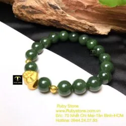 Vòng Ngọc bích xanh đậm 10 ly, mix charm Trái tim vàng 24k - Hình ảnh 2