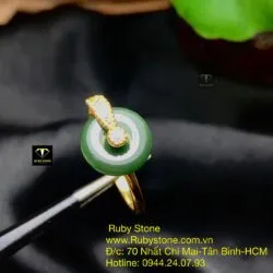 Nhẫn đồng điếu Ngọc bích đậm, vàng 18k - Hình ảnh 3