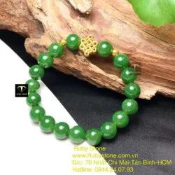 Vòng ngọc bích xanh lá 9 ly, mix charm Đồng tâm kết vàng 24k
