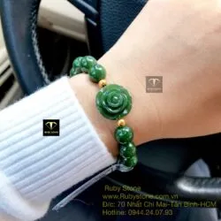 Vòng tay ngọc bích mix hoa mẫu đơn, bi vàng 24k