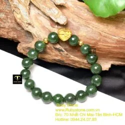 Vòng Ngọc bích xanh đậm 10 ly, mix charm Trái tim vàng 24k