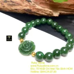 Vòng tay ngọc bích mix hoa mẫu đơn, bi vàng 24k - Hình ảnh 3
