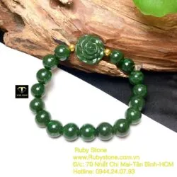Vòng tay ngọc bích mix hoa mẫu đơn, bi vàng 24k - Hình ảnh 5