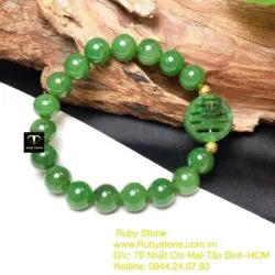 Vòng Ngọc bích xanh lá mix chữ "Thọ", bi vàng 18k - Hình ảnh 3