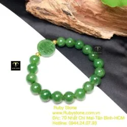 Vòng Ngọc bích xanh lá mix chữ "Thọ", bi vàng 18k - Hình ảnh 4