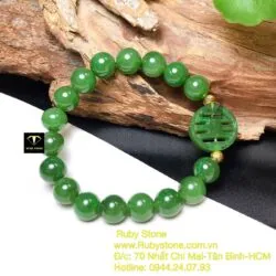 Vòng Ngọc bích xanh lá mix chữ "Thọ", bi vàng 18k - Hình ảnh 2