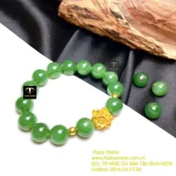 Vòng chuỗi Ngọc bích 10 ly, mix charm vàng liên hoa 24k - Hình ảnh 2