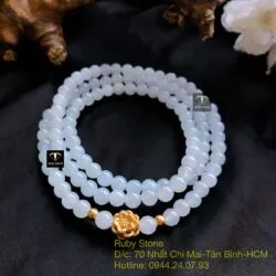 Vòng chuỗi Phỉ thuý băng ngọc 108 hạt, mix charm vàng hoa sen 24k - Ảnh 4
