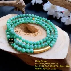 Vòng chuỗi ngọc cẩm thạch sơn thuỷ 108 hạt mix charm vàng khắc chú 24k