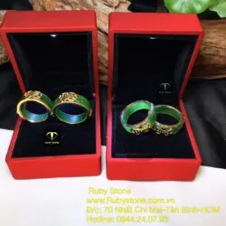 Nhẫn ngọc bích xanh lá, kim tiền kép, vàng 18k - Ảnh 3