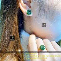 Khuyên tai đồng điếu Ngọc bích xanh đậm, vàng 18k