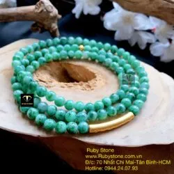 Vòng chuỗi ngọc cẩm thạch sơn thuỷ 108 hạt mix charm vàng khắc chú 24k
