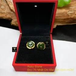 Khuyên tai đồng điếu Ngọc bích xanh đậm, vàng 18k - Ảnh 4