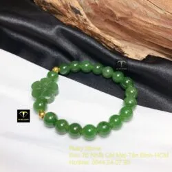 Vòng ngọc bích xanh lý 8 ly mix hoa mai bi vàng 24k