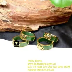 Nhẫn ngọc bích xanh lá, kim tiền kép, vàng 18k - Ảnh 5