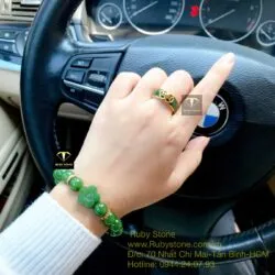 Bộ sản phẩm vòng Ngọc bích charm hoa mai, bi vàng 24k và nhẫn ngọc kim tiền kép, vàng 18k - Ảnh 4