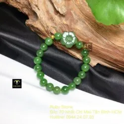 Vòng ngọc bích xanh lý 8 ly mix hoa mai bi vàng 24k