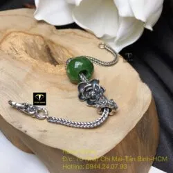 Vòng tay bạc mix charm ngọc bích Canada xanh lá mài giác - Ảnh 3
