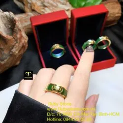 Nhẫn ngọc bích xanh lá, kim tiền kép, vàng 18k