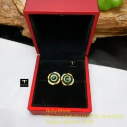 Khuyên tai đồng điếu Ngọc bích xanh đậm, vàng 18k - Ảnh 5