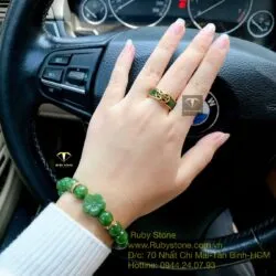 Bộ sản phẩm vòng Ngọc bích charm hoa mai, bi vàng 24k và nhẫn ngọc kim tiền kép, vàng 18k - Ảnh 6
