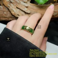 Nhẫn vuông Ngọc bích xanh lá, kim tiền kép vàng 18k - Ảnh 5