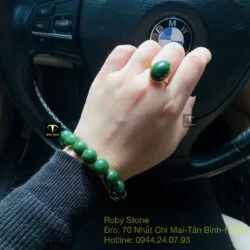Bộ vòng chuỗi Ngọc bích 12 ly và nhẫn Oval, vàng 18k - Ảnh 4